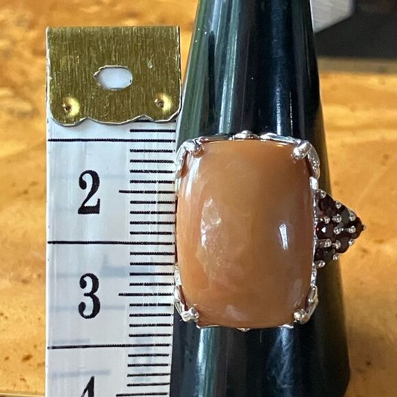 Natural Caramel Opal Red Garnet Sterling Silver Ring Size 10 - Picture 8 of 8